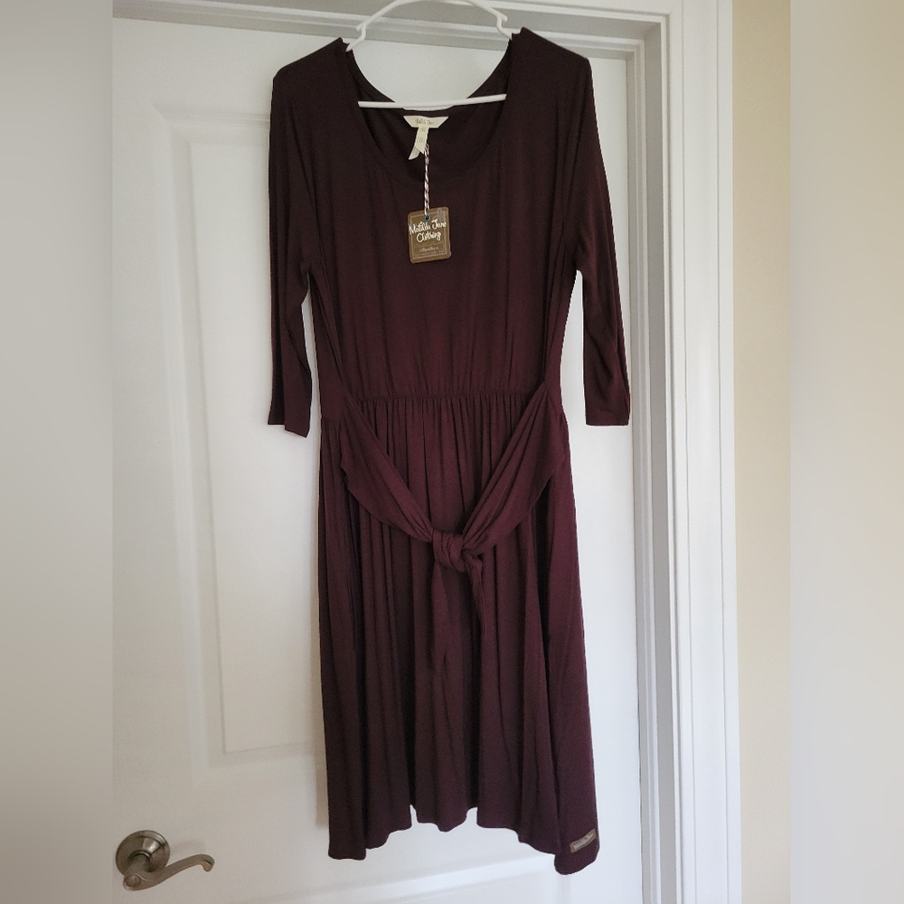 NWT Matilda Jane Tie Waist Elbow Sleeve Scoop Neck Dark Red/Purple Dress - L